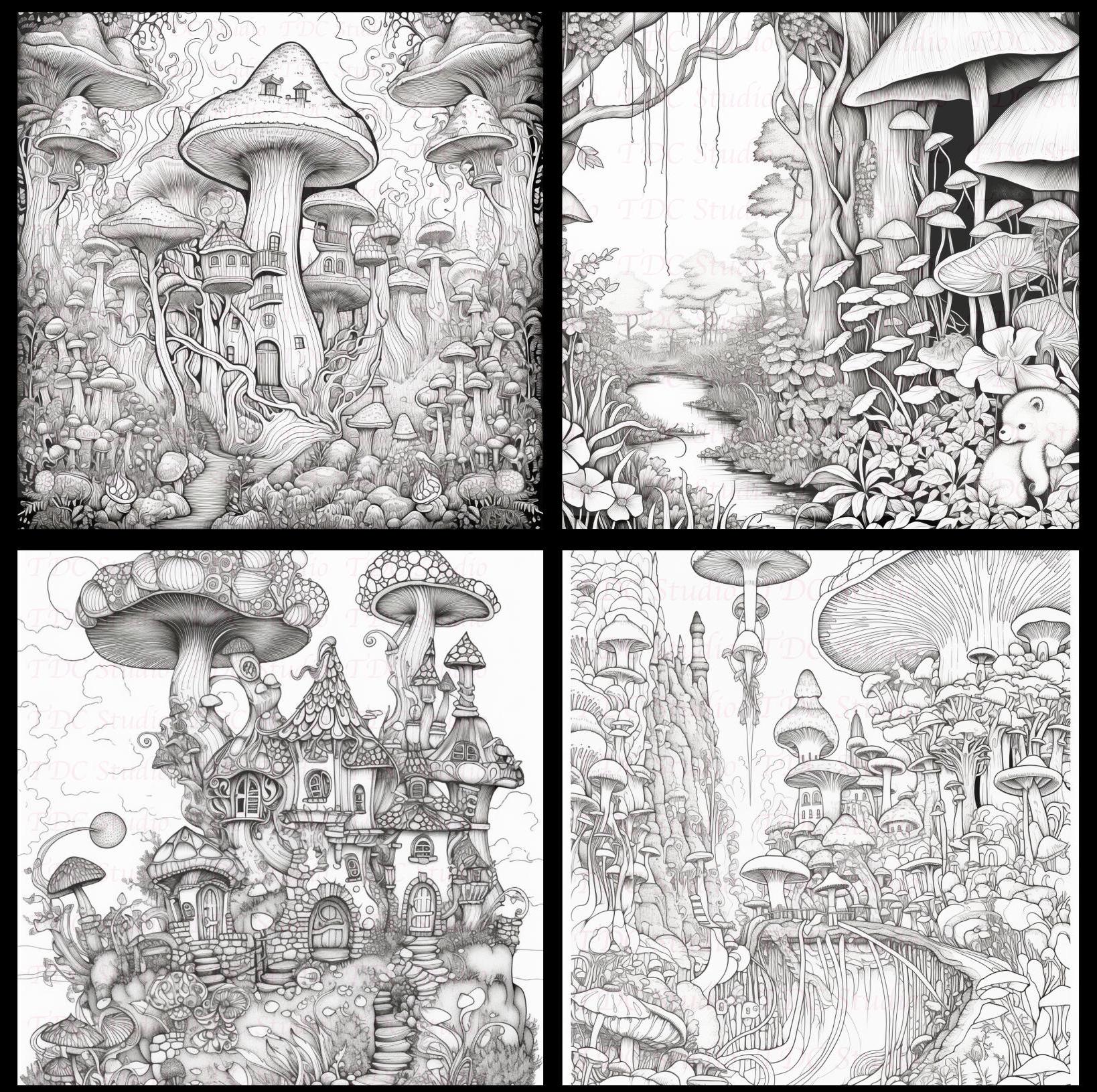 50+ Mushrooms Psychedelic Fantasy Art Coloring Pages