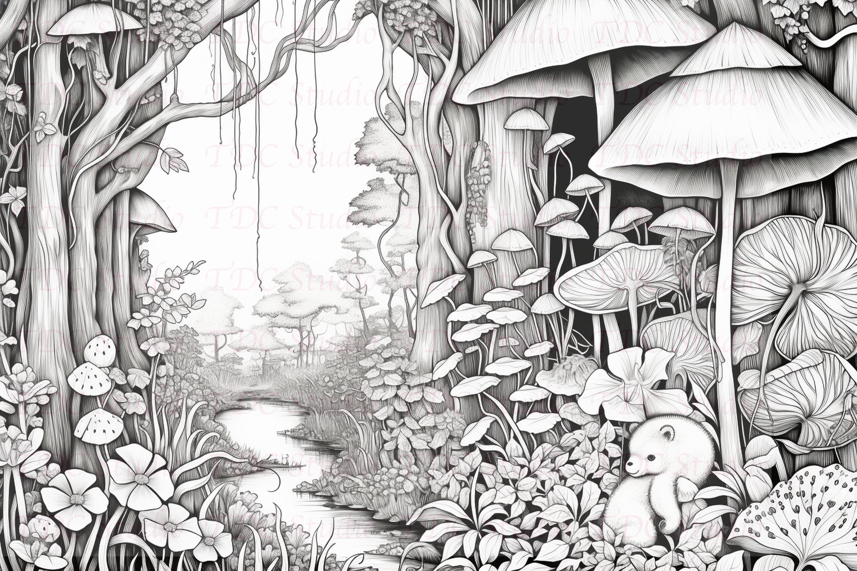 50+ Mushrooms Psychedelic Fantasy Art Coloring Pages