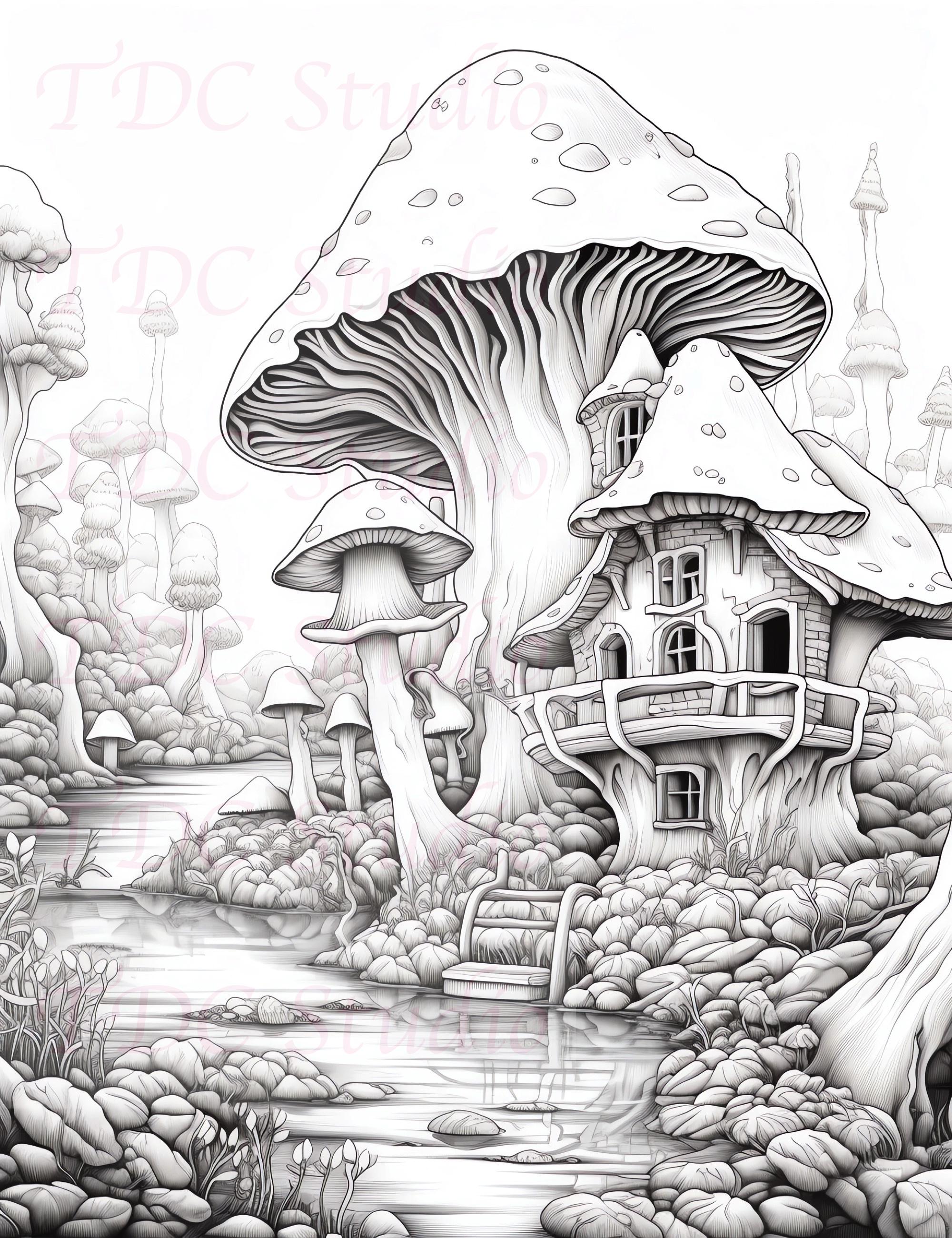 50+ Mushrooms Psychedelic Fantasy Art Coloring Pages