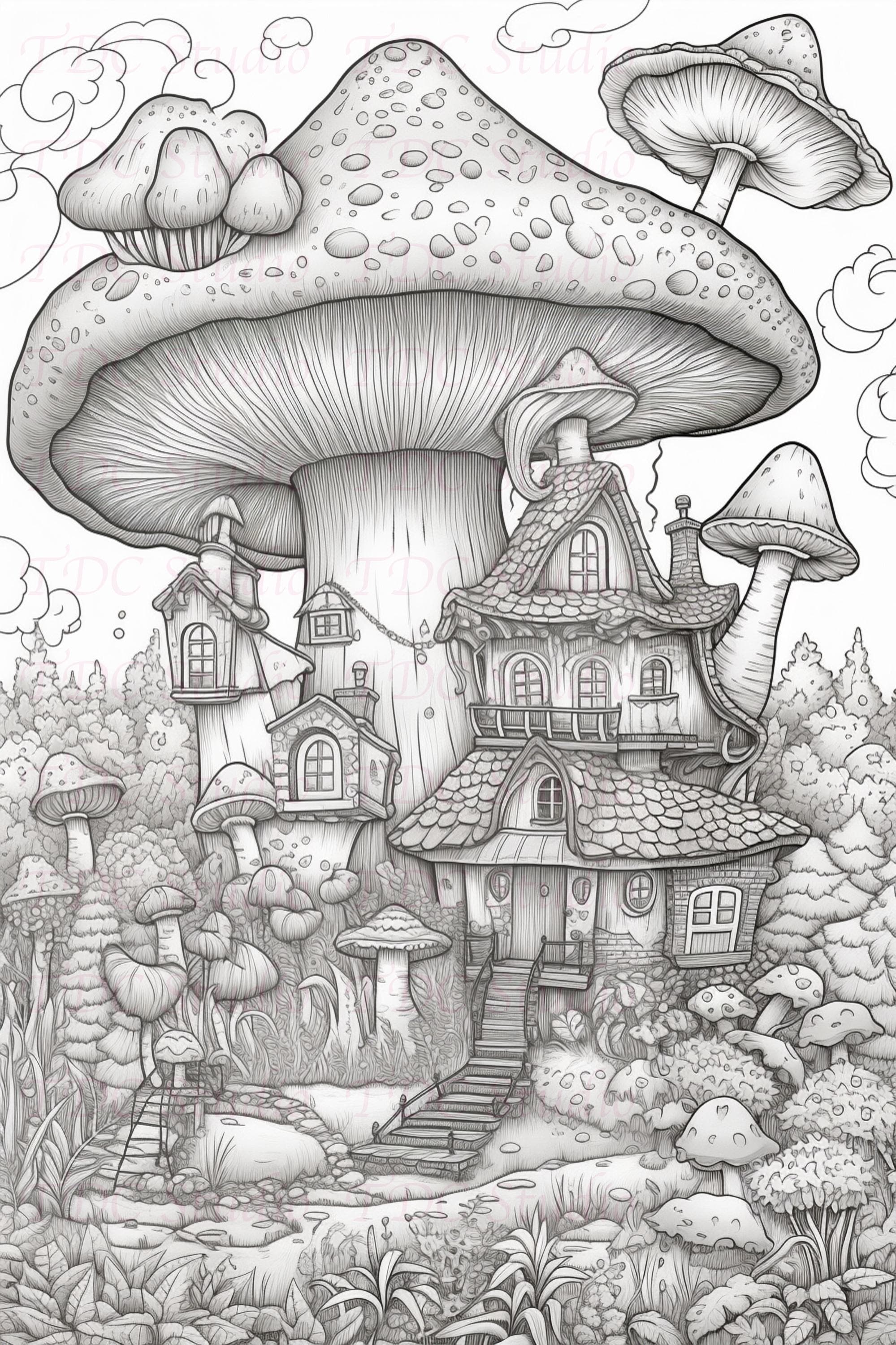 50+ Mushrooms Psychedelic Fantasy Art Coloring Pages